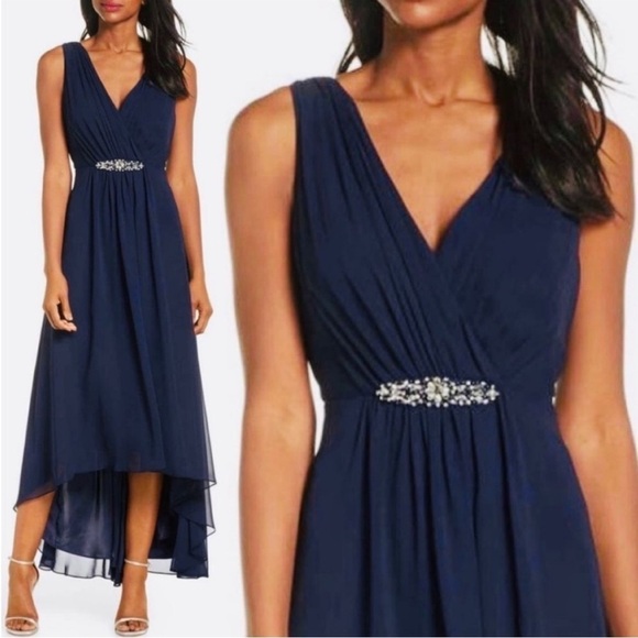 Eliza J Embellished Rhinestone High Low Chiffon Dress Size 14 In Navy Blue - Picture 1 of 15